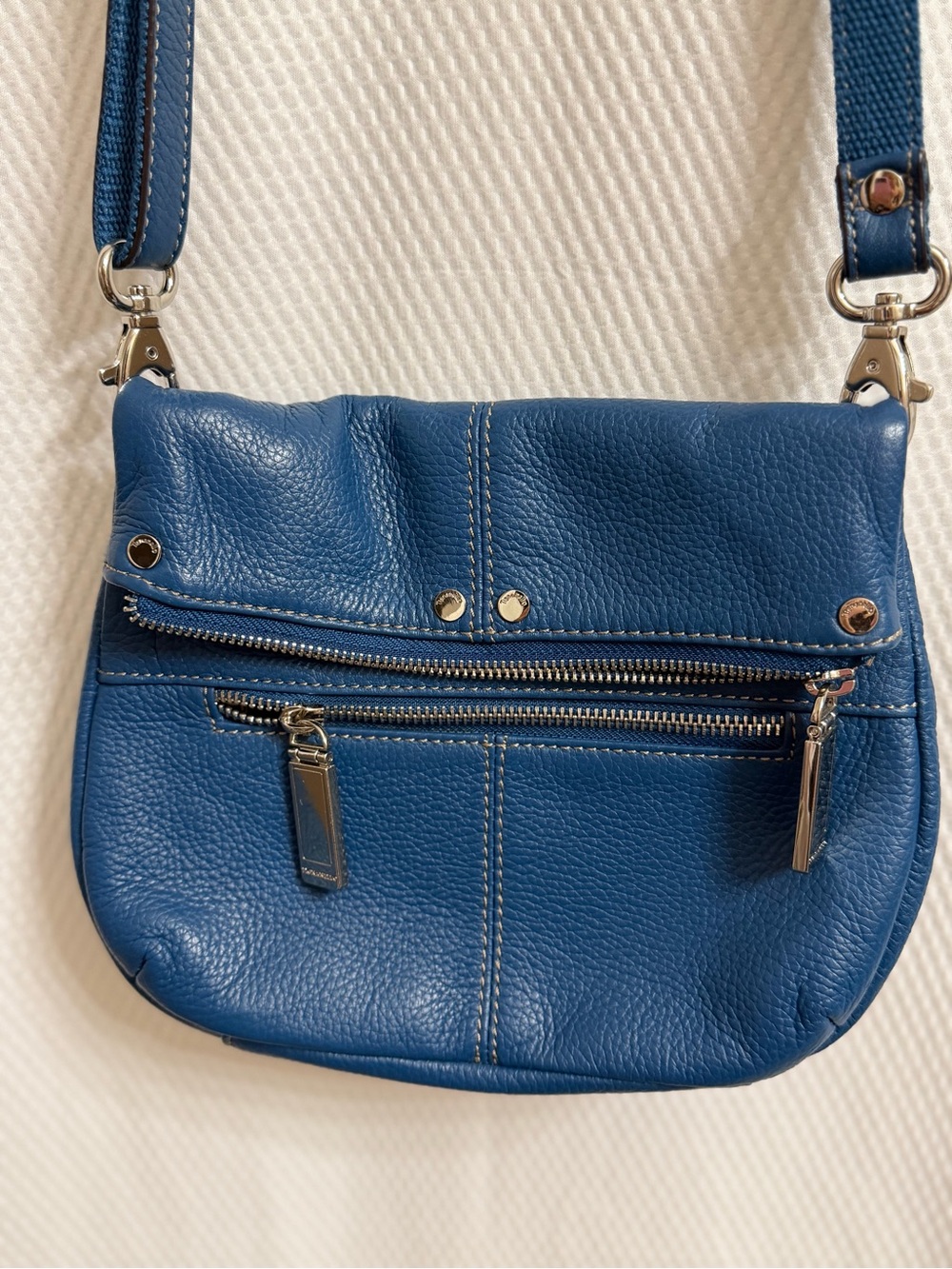 Tignanello Blue Pebbled Leather Crossbody with Silver Hardware